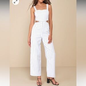 Lulu’s White and Black Striped Cutout Jumpsuit